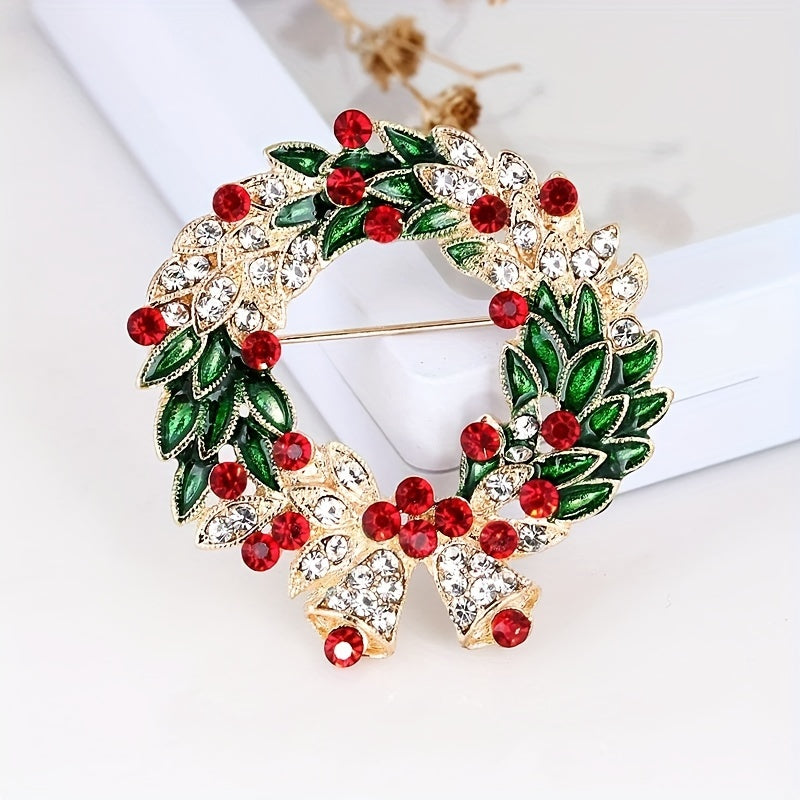 Luxury Christmas Bell Brooch with Rhinestone and Green Enamel Leaf, Alloy Golden-Plated, Fashionable Shiny Pin for Party and Banquet Accessories, Special Occasion Pin, Vintage Brooch, Elegant Design, Rhinestone Embellishment,