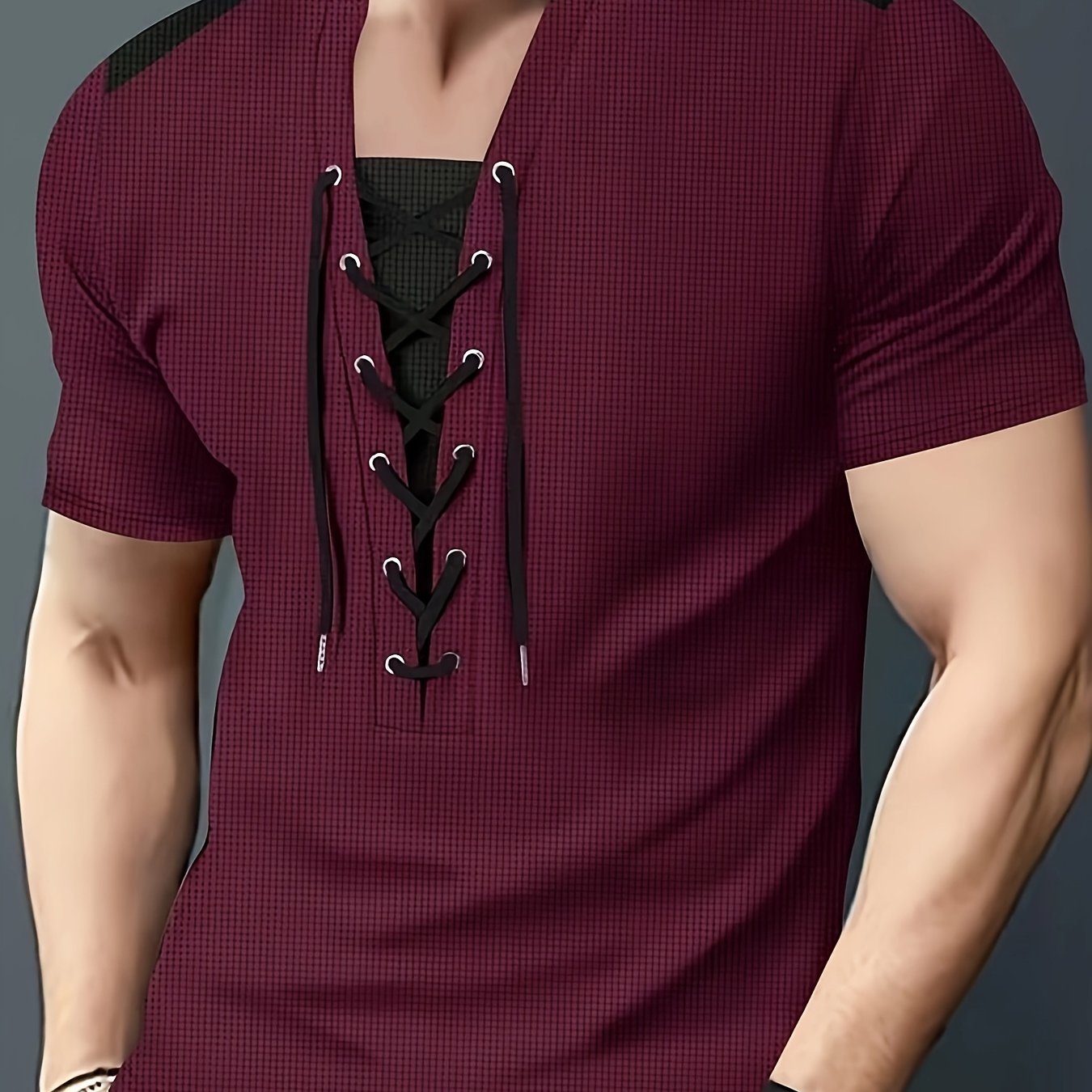 Men'S Casual Waffle Knit Short Sleeve T-Shirt with Drawstring Detail - Maroon  Black, Round Neck, Breathable Polyester Fabric for Summer Outings, Casual Weekend Wear   Round Neck Tee   Stylish Contrast Stitchin