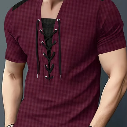 Men'S Casual Waffle Knit Short Sleeve T-Shirt with Drawstring Detail - Maroon  Black, Round Neck, Breathable Polyester Fabric for Summer Outings, Casual Weekend Wear   Round Neck Tee   Stylish Contrast Stitchin