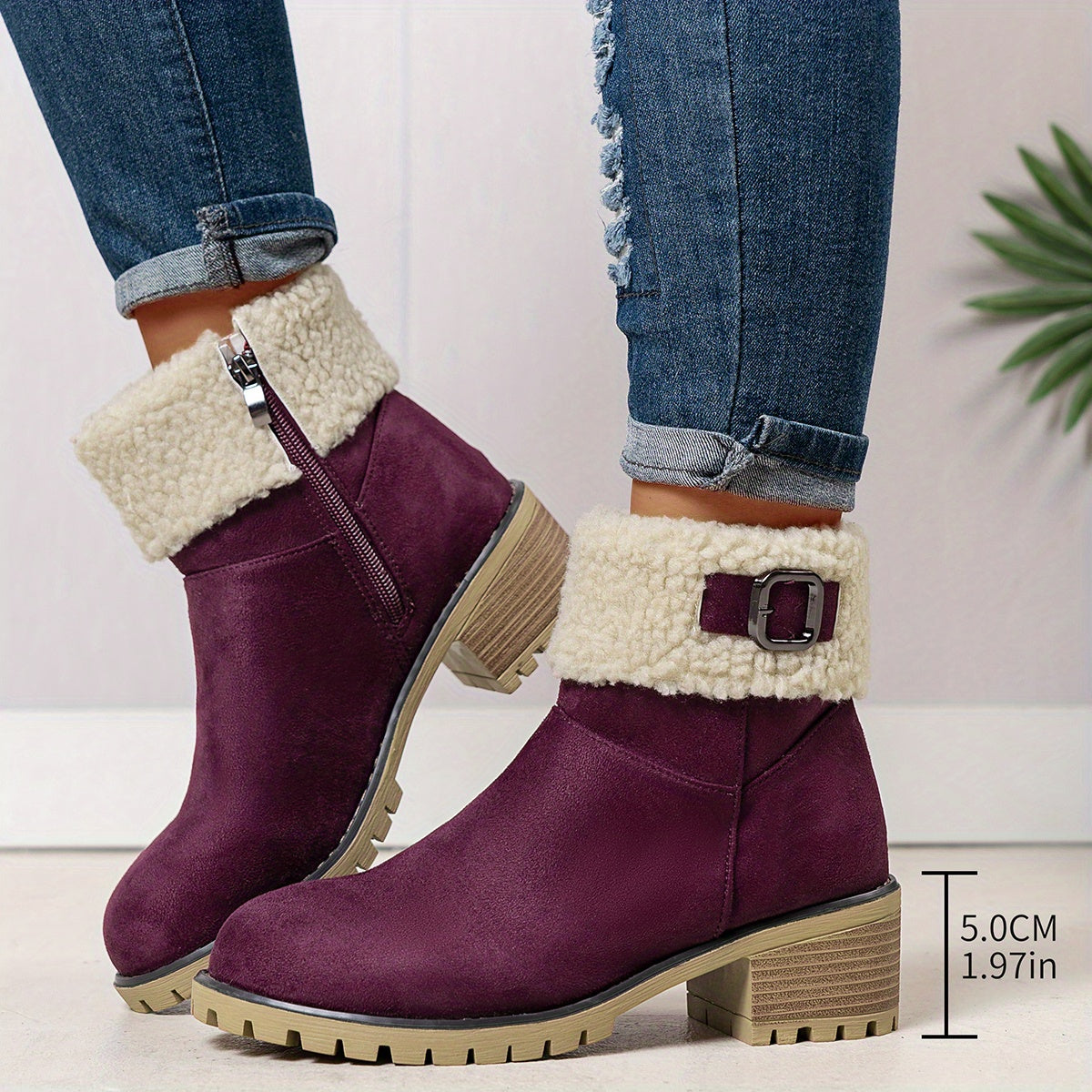 Chunky And Clssic Women'S Ankle Boots, Comfortable And Elegent Woemen Shoes. Warmth Khaki、Black And Beige Winter Women' Boots. Solid-Colored. Fleece-Lined Boots, Heighten And Non-Slip Lighhtweight Shoes with Cute Round Toe.