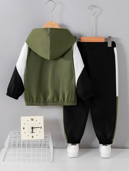 Boys' Casual Color-Block Hooded Jacket and Pants Set - ayq