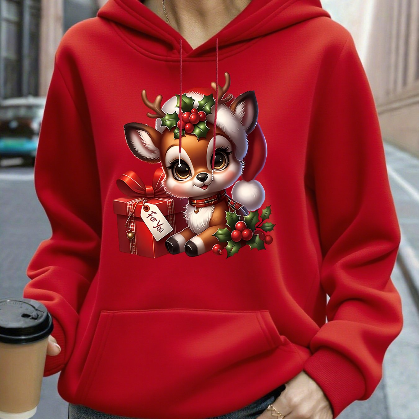 Women's Christmas Deer & Reindeer Print Hoodie - Cozy Winter Pullover Sweatshirt with Cute Deer Headband-Like Hood, Slim-Fit Casual Jacket for Holiday Parties, Xmas Outfits & Cold Weather (Machine Washable), Fall Clothes For
