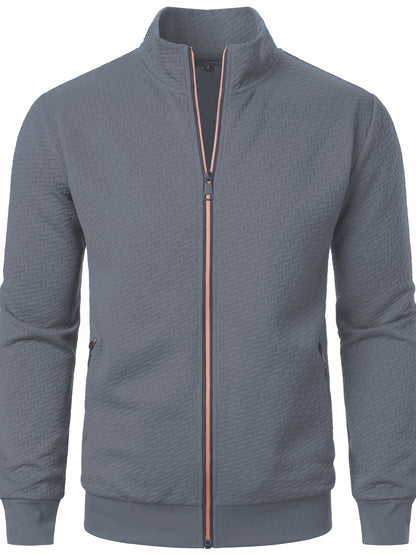 Men's Casual Zip Up Jacquard Jacket, Chic Stand Collar Coat for Spring Fall, Autumn And Winter, Hoodie Top