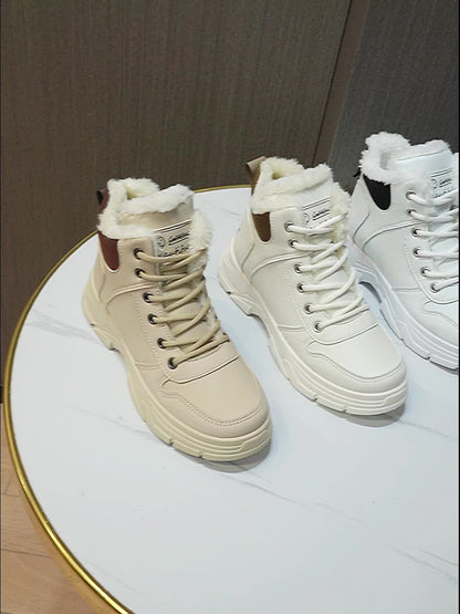 Women's Insulated Winter Boots with Plush Collar & Thick Sole - White Faux Cover Round-Toe Lace-Up Ankle Boots, Cushioned Insole & Arch Support, Warm TPU Outsole for Cold Weather, Casual to Semi-Formal Outfits