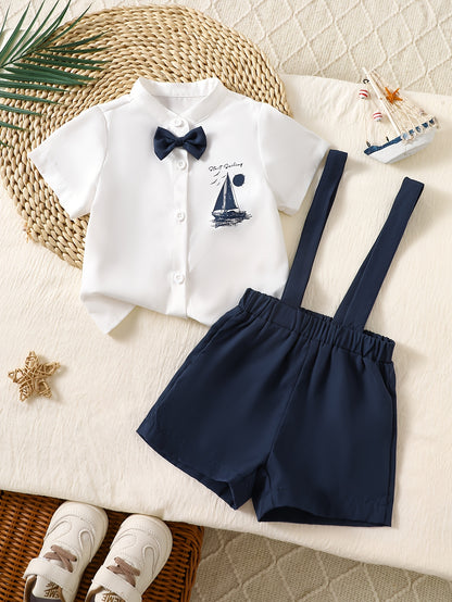 Baby Boy Preppy Suit with Sailboat Print Overalls & Bow Tie
