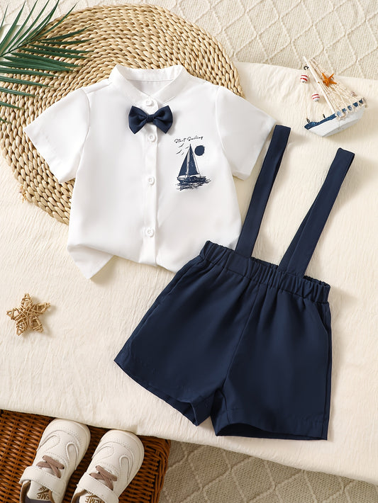 Baby Boy Preppy Suit with Sailboat Print Overalls & Bow Tie