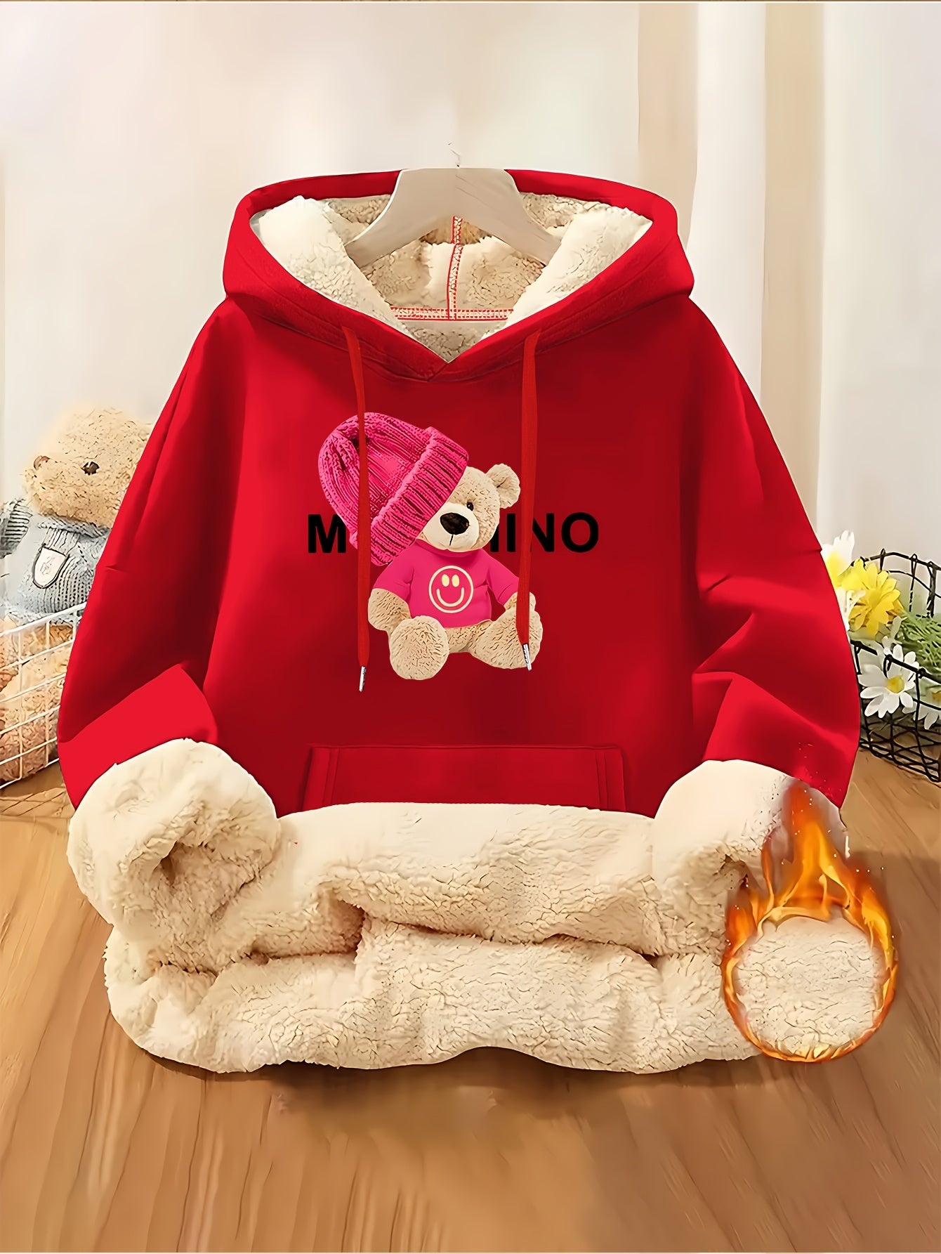 Women'S Thick Fleece Hooded Sweatshirt with Cute Bear Print & Plush - Cozy Winter Warmth, Drawstring Hood & Pockets, Casual Retro Style, Machine Washable For Fall/winter Commuting & Daily Wear, Winter Sweatshirt, Seasonal Fas