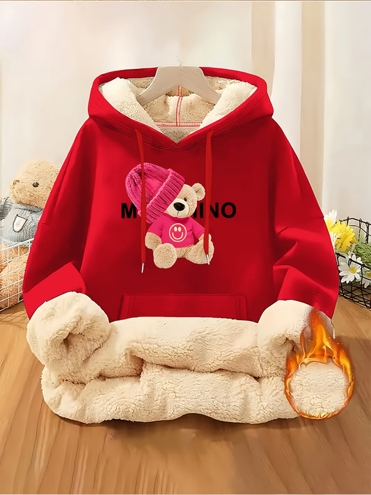 Women'S Thick Fleece Hooded Sweatshirt with Cute Bear Print & Plush - Cozy Winter Warmth, Drawstring Hood & Pockets, Casual Retro Style, Machine Washable For Fall/winter Commuting & Daily Wear, Winter Sweatshirt, Seasonal Fas