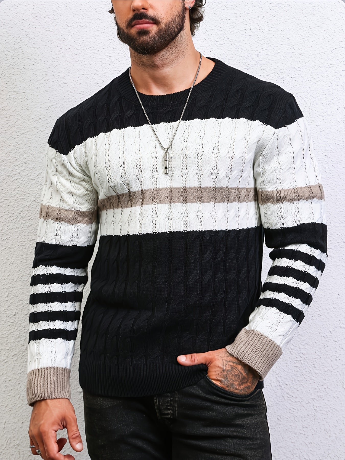 Stylish Color-Blocked Striped Cable-Knit Sweater