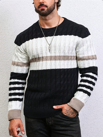 Stylish Color-Blocked Striped Cable-Knit Sweater