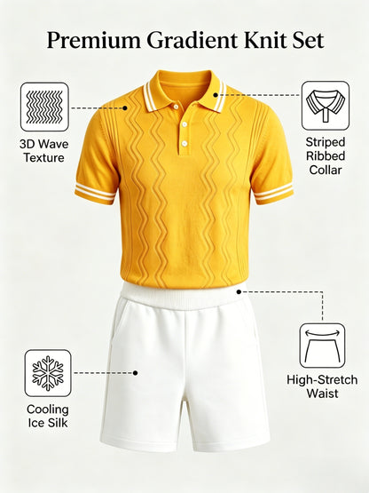 Men's Vintage Knit Polo & Shorts Set with Contrast Trim