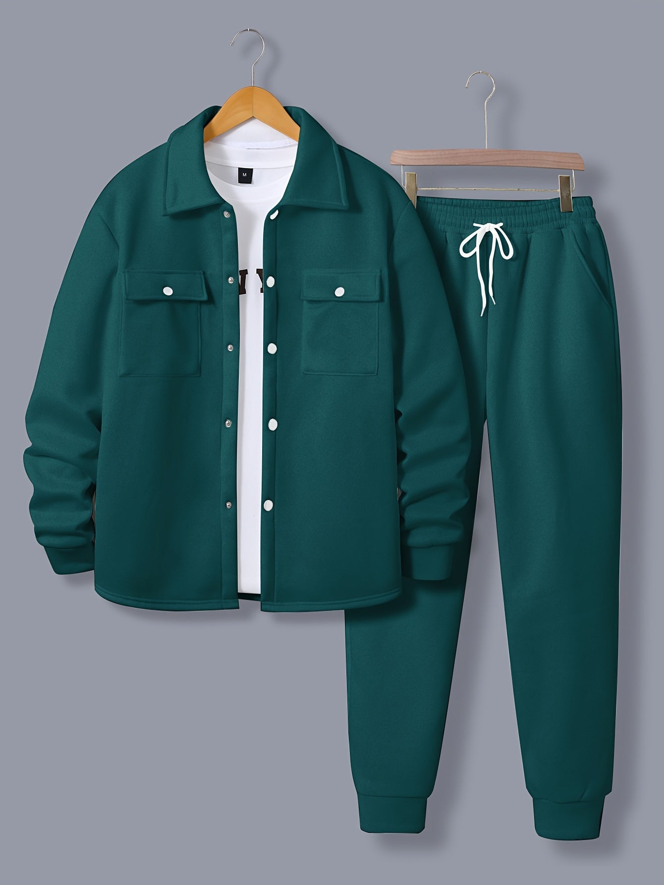 1set Men'S Casual Solid Color Polyester Outfit - Long Sleeve Button-Down Lapel Collar Jacket with Pockets and Drawstring Long Pants Set for Fall/Winter