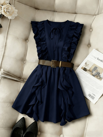 Vintage Waist-Cinching Solid Ruffle Mini Dress for Women