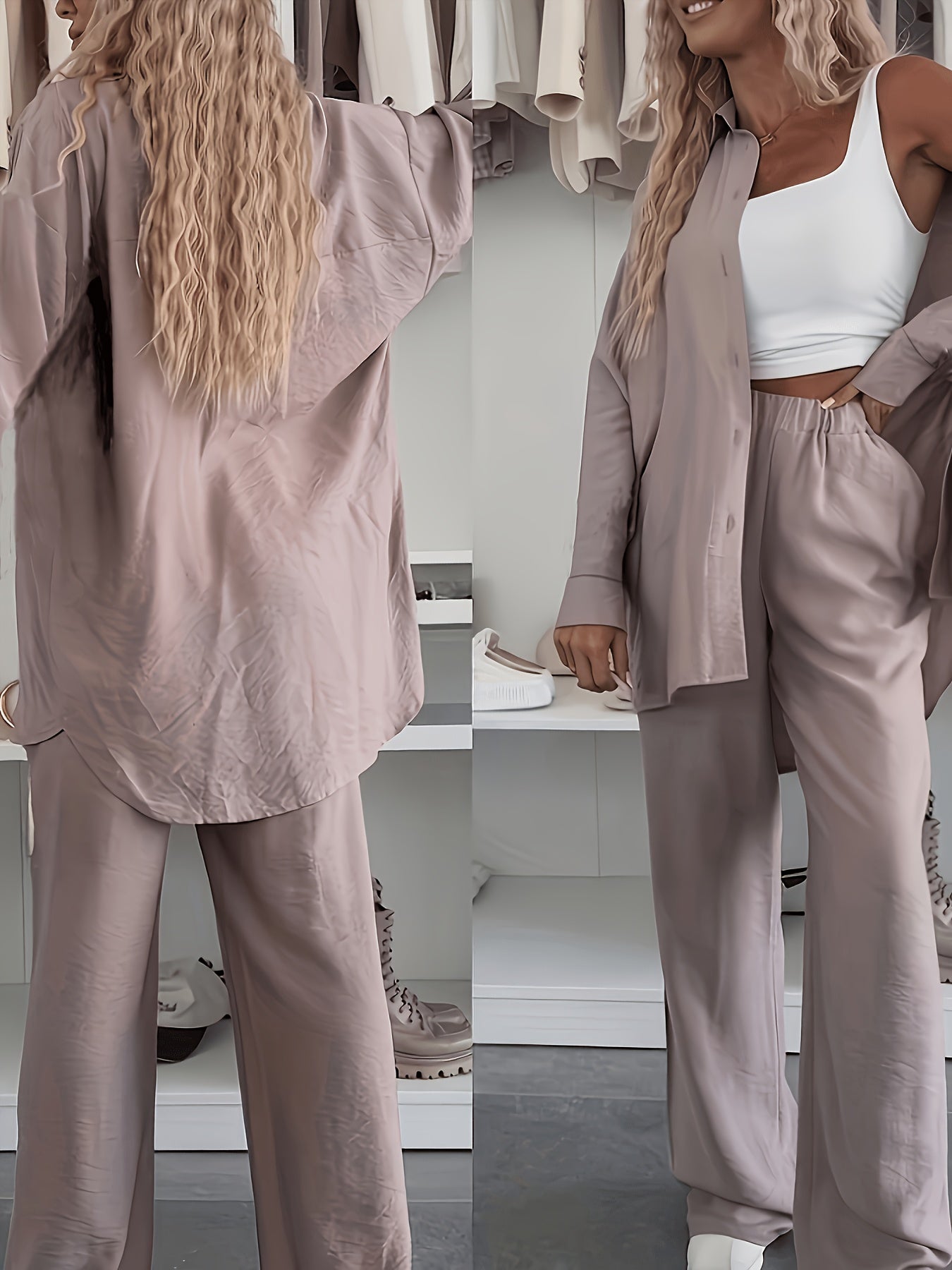 Women's Loose Shirt & Wide-Leg Pants Set - Elegant Polyester