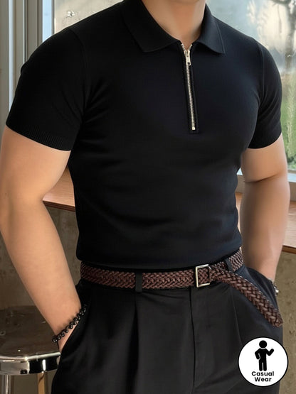 Men'S Short Sleeve Knit Polo Sweater with Lapel Collar and Zipper | Casual Solid Color Top, Slight Stretch Fabric, Ideal for Beach, Going Out, and Casual Occasions - ayq