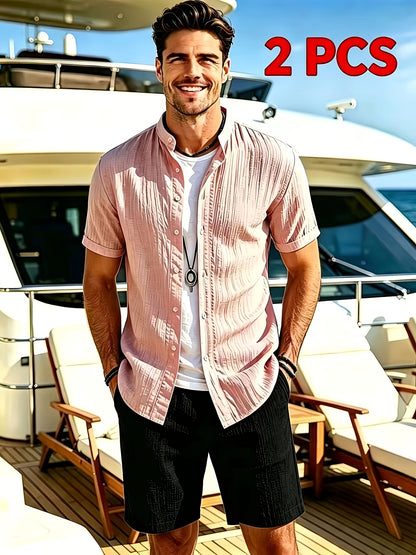 Men's Casual Summer 2-Piece Set: Stand Collar Shirt & Shorts