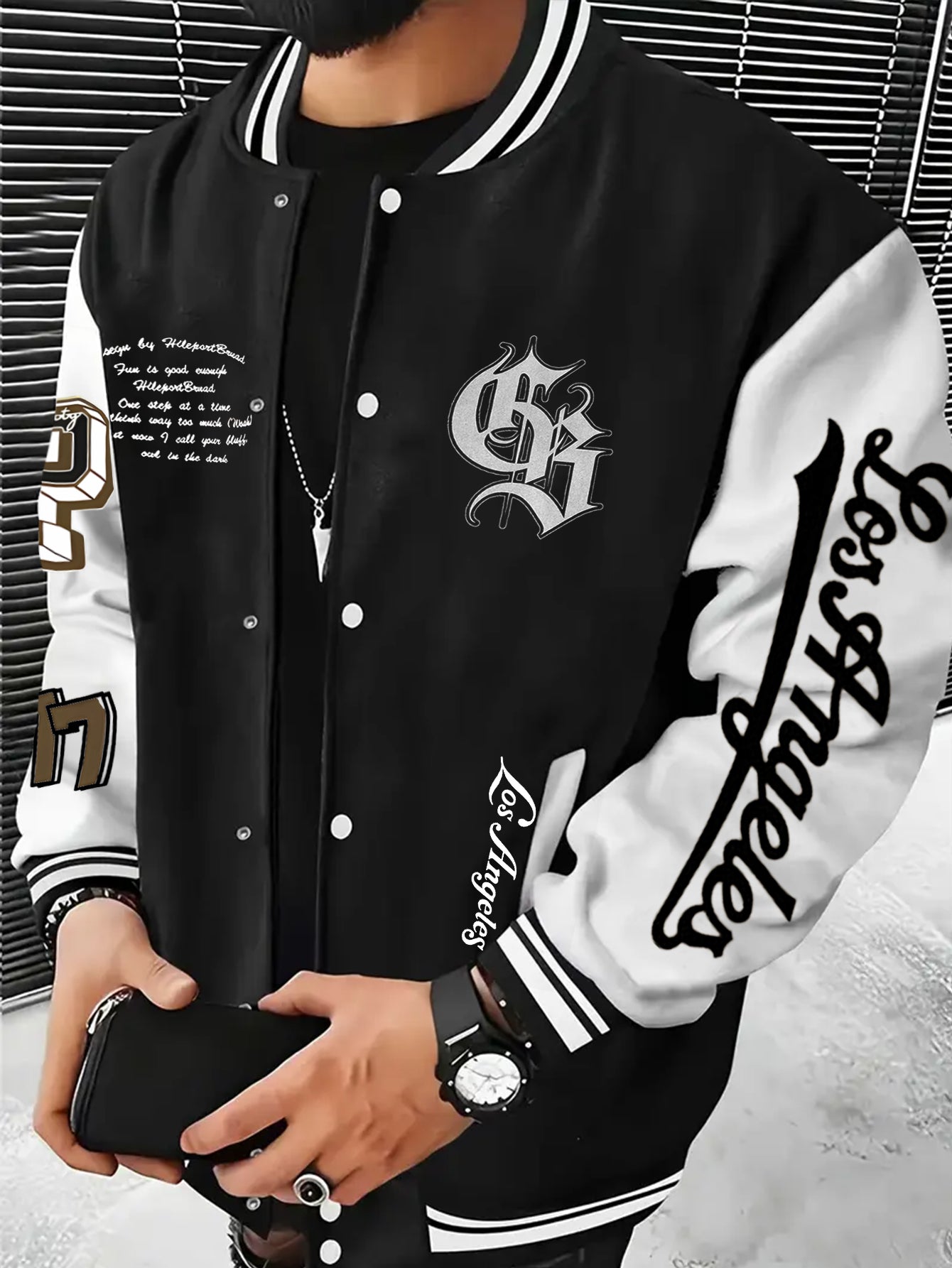 Men's Los Angeles Logo & Greek Letter Jacket - Oversized Loose Fit Baseball Collar Button-Front Coat with Number 27 Back Print, All-Season Casual Sportswear (Hand Washable) - -Themed Outerwear for Fans