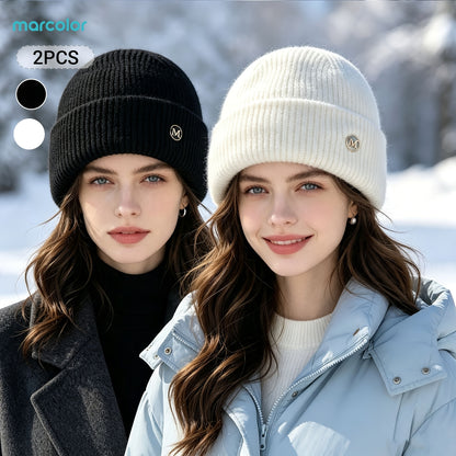2-Pack Women's Ribbed Knit Beanie Hats with Metal Badge