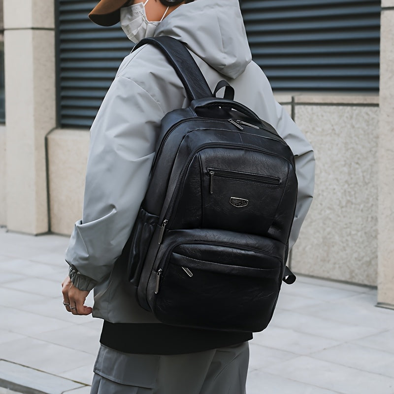 Men's Vintage PU Large Capacity Multi-Pocket Backpack, Casual Commuter Travel Backpack - ayq