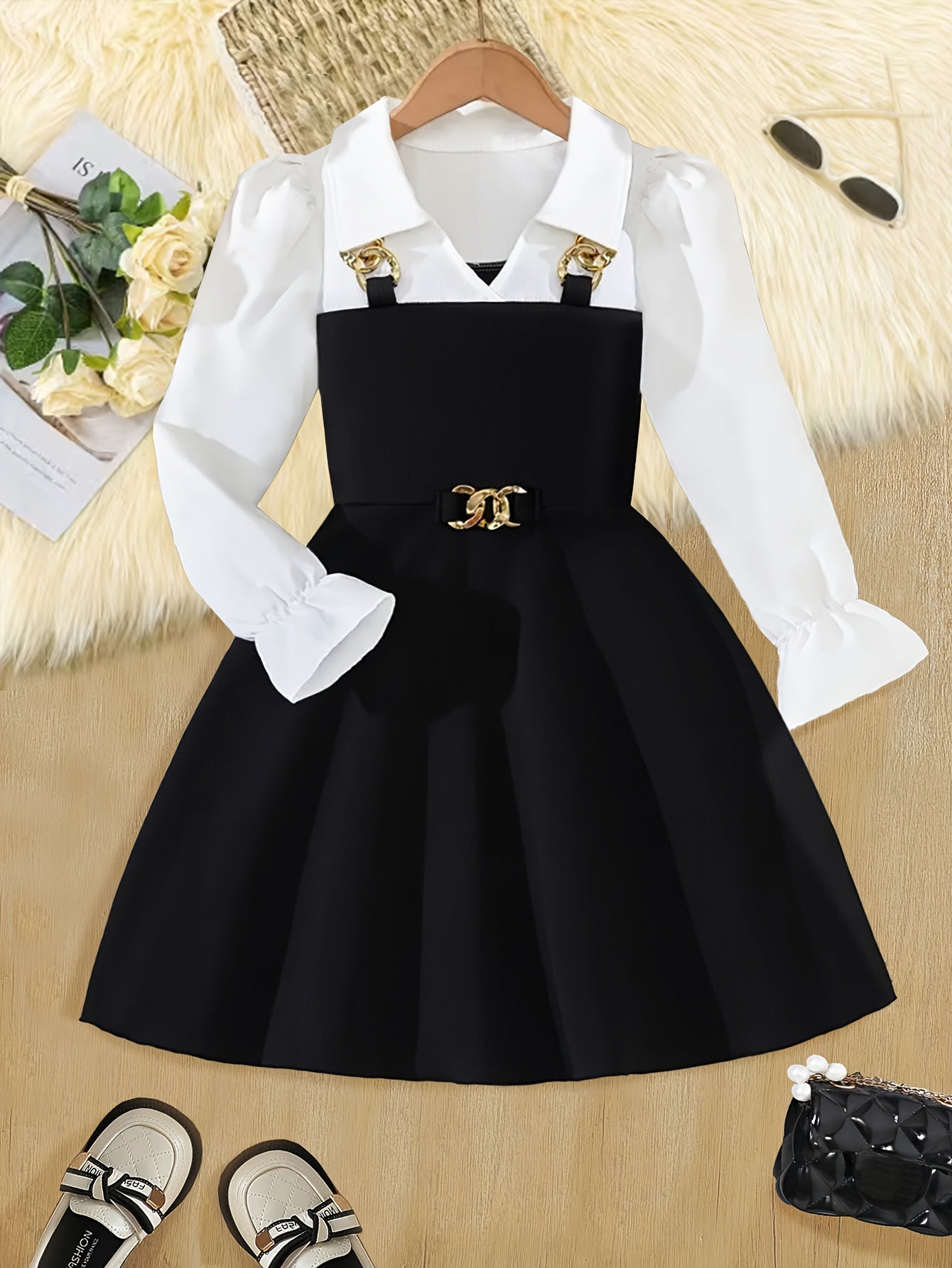 Girls' Elegant Spring-Fall Dress with Ruffled Shirt and Suspender Skir