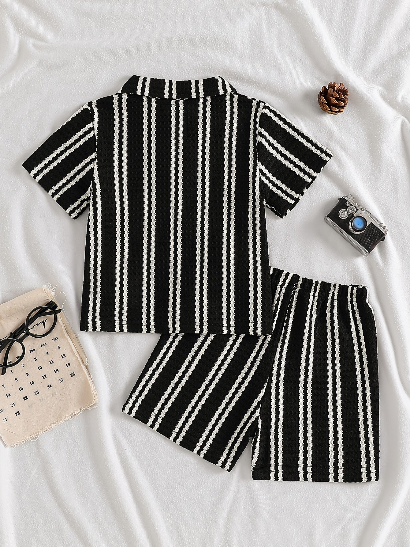 Boys' Summer Striped Waffle Knit Shirt & Shorts Set