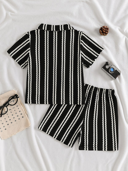 Boys' Summer Striped Waffle Knit Shirt & Shorts Set