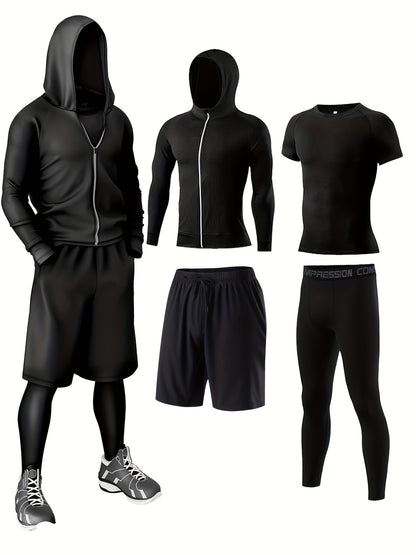 4pcs Athletic Sportswear Set, Polyester 95% Elastane 5% Knit Fabric, All-Season Crew Neck Hoodie, Skinny Fit Solid Color, Breathable Quick-Dry for Running, Fitness, Cycling & Outdoor Activities