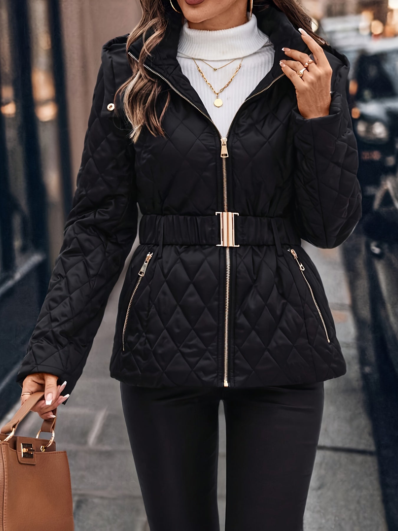 Women'S Winter Jacket - Waist-Cinching Coat with Adjustable Belt, Long Sleeve Cold Weather Outerwear, Elegant Black Outerwear for Everyday & Formal Events, Non-Bulky Warmth, Formal Event Attire, Quilted Design, Durable Fabric
