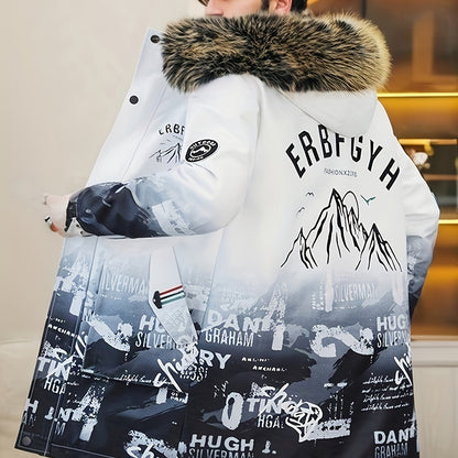 Men's Heavy-Duty Hooded Winter Jacket with Mountain Logo Back Print, Full-Zip Long Coat & Pockets - Large Hood for Extreme Cold, Machine Washable -Filled Outerwear (Casual/Climbing/Skiing) - Black, Winter Boots For Men, Men W