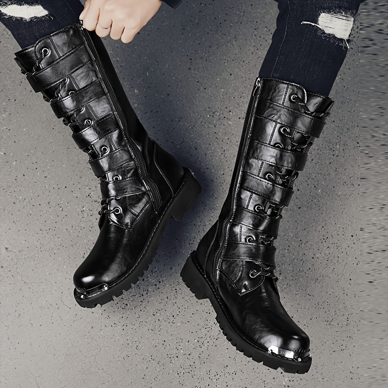 Men's Stylish PU Leather Boots with Zipper and Buckle