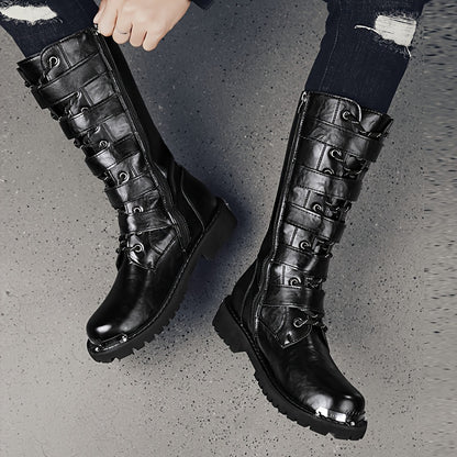 Men's Stylish PU Leather Boots with Zipper and Buckle
