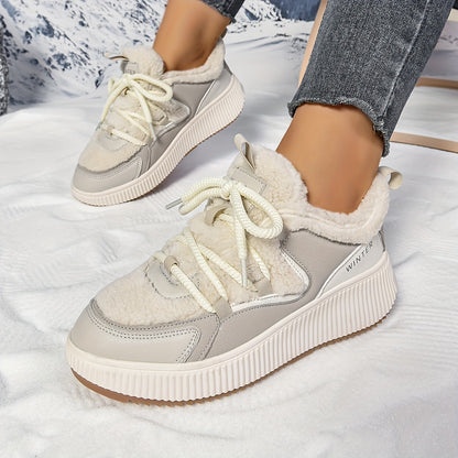 Women'S Cozy Fleece-Lined Low-Top Ankle Boots - Warm, Stylish, and Comfortable for All Seasons, Casual Lace-Up Design with Thick Rubber Sole, Beige, Casual Footwear | Stylish Ankle Boots | Plush Lined Interior