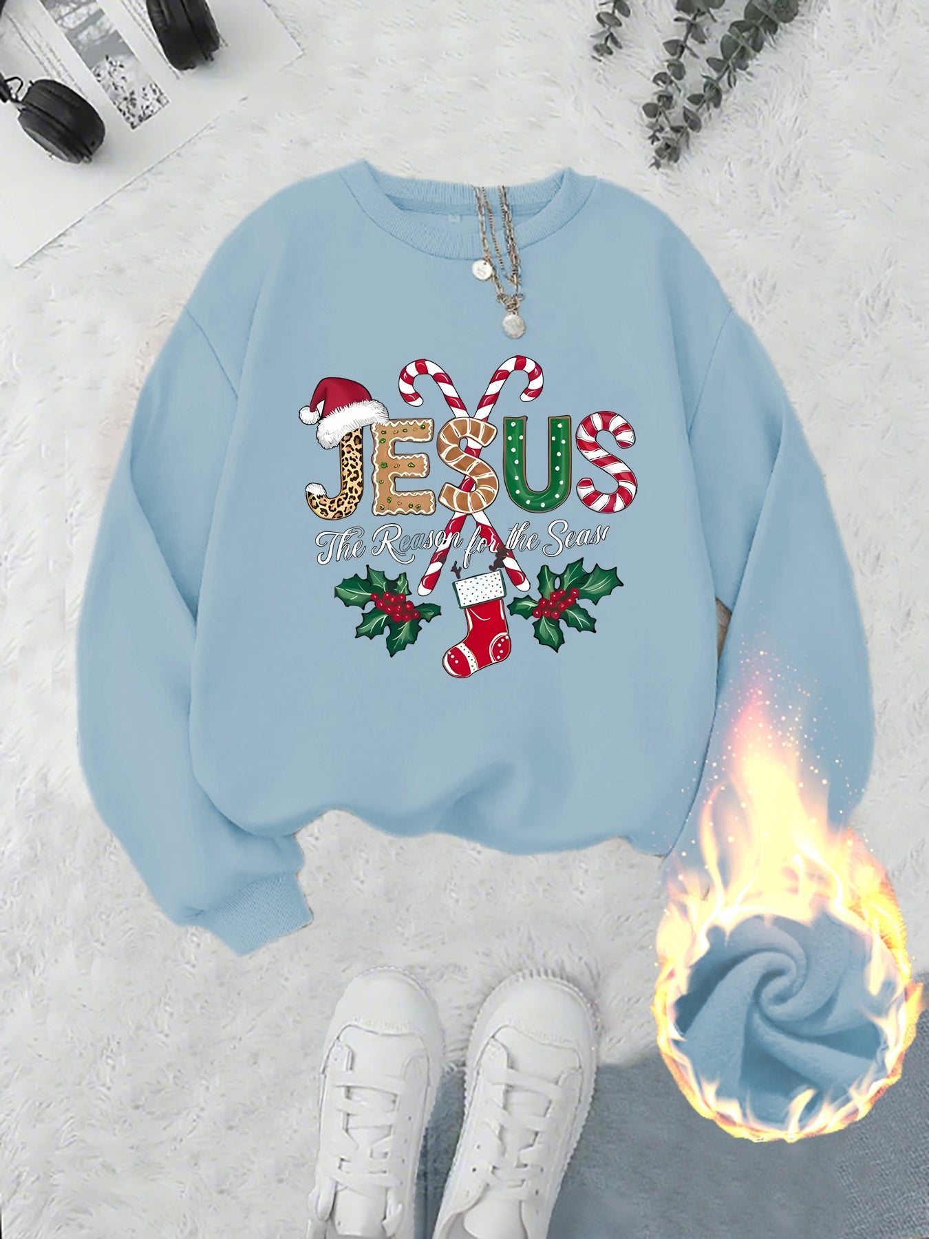 Women's Fleece-Lined Round Neck Pullover Sweatshirt - "JESUS" Christmas Print, Comfortable Loose Fit for All Seasons, Festive Holiday Design Casual Top
