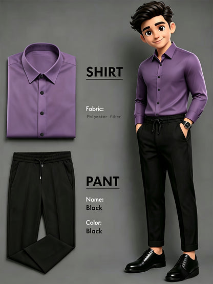 Men's Business Casual Two-Piece Suit with Lapel Shirt and Drawstring P