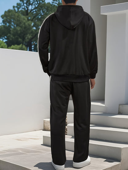 New Cross-Border Casual Sportswear Set of 2pcs, Hooded Zipper Cardigan Jacket Is Easy And Easy to Match, Side Striped Sweatpants Hide Meat And Show Long Legs, Daily Commute, Full of Comfort, Black Main Tone + Side Stripes