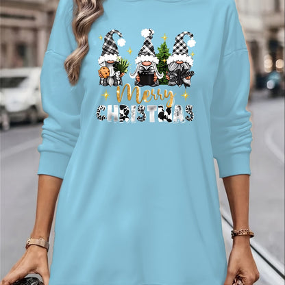 Women's Christmas Gnome Print Hooded Sweatshirt Dress - Soft Slim Fit Sweater Dress with Holiday Cheer Gnome Patterns, All-Season Casual Dress for Christmas Party Outfits (Machine Washable)