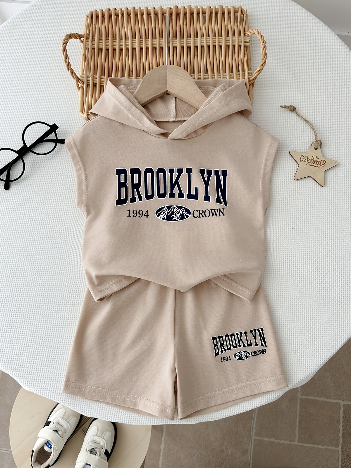 Baby Boys Sleeveless Knitted Hooded Top with Casual Shorts