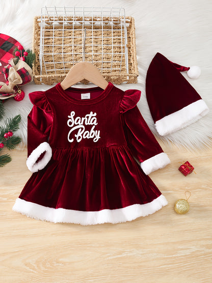 2pcs 's Winter Dress & Hat - Cozy Furry Letter "" Outfit (for /), Warm Long Sleeve Dress suitable for Christmas, Photoshoots - Machine Washable Clothing
