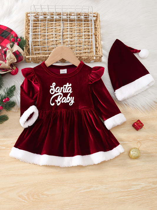 2pcs 's Winter Dress & Hat - Cozy Furry Letter "" Outfit (for /), Warm Long Sleeve Dress suitable for Christmas, Photoshoots - Machine Washable Clothing