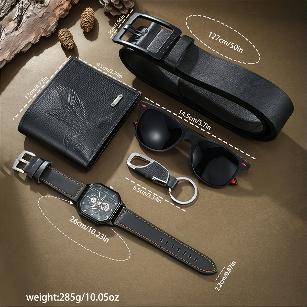 5pcs Men's Calm and Handsome Pu Leather Wallet + All-matching Business Watch Belt Glasses Key Chain Value Gift Box Set Anniversary Birthday Father's Day The Perfect Gift for Him