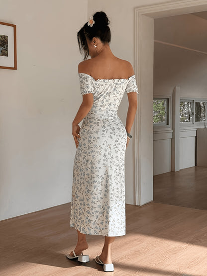 White Off-Shoulder Midi Dress with Pink Floral Print, Sleeveless