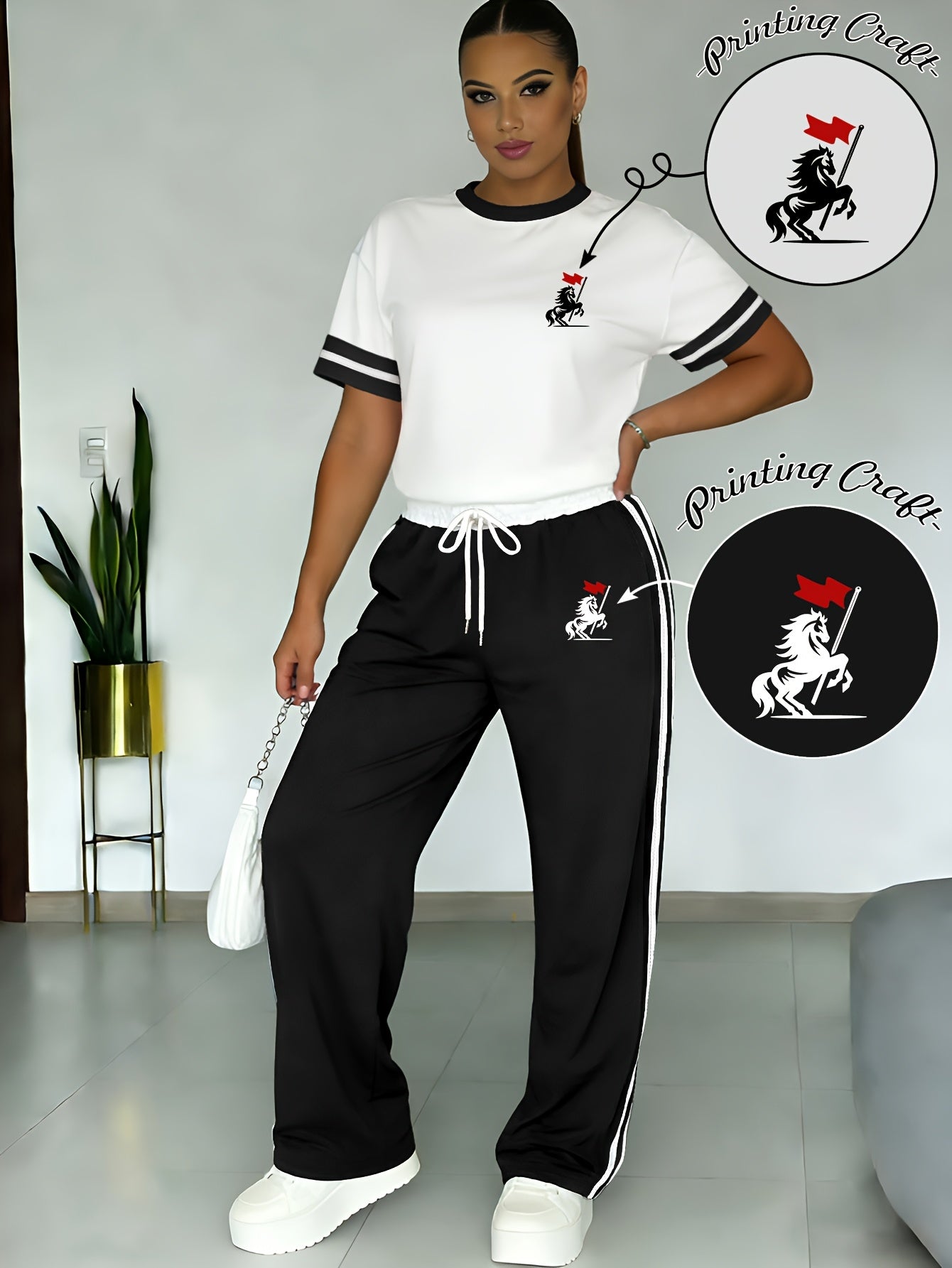 Women's Casual Two-Piece Set: Soft Contrast Tee & Pants