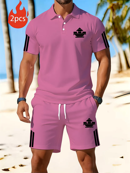 Men's Summer Polo Set with Print, Lightweight Casual Lapel Shirt & Sho