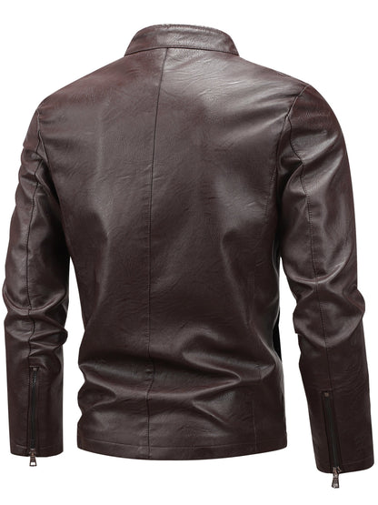 Men's Casual Baseball Collar PU Jacket with Zipper