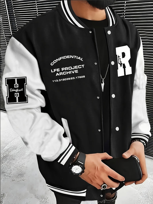 Men's Fashionable R-Letter Patchwork Casual Street Style Baseball Jacket - Polyester, Maroon & Black with White Stripes, Button Closure, with Pockets