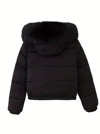 Women'S Winter Coat with Removable Faux Fur Hood - Thickened Loose Fit Long Sleeve Jacket, Zippered Pockets & Button Front, Casual Solid Color Outerwear for Cold Weather, Cozy Warmth, Buttoned Closure, Durable Fabric