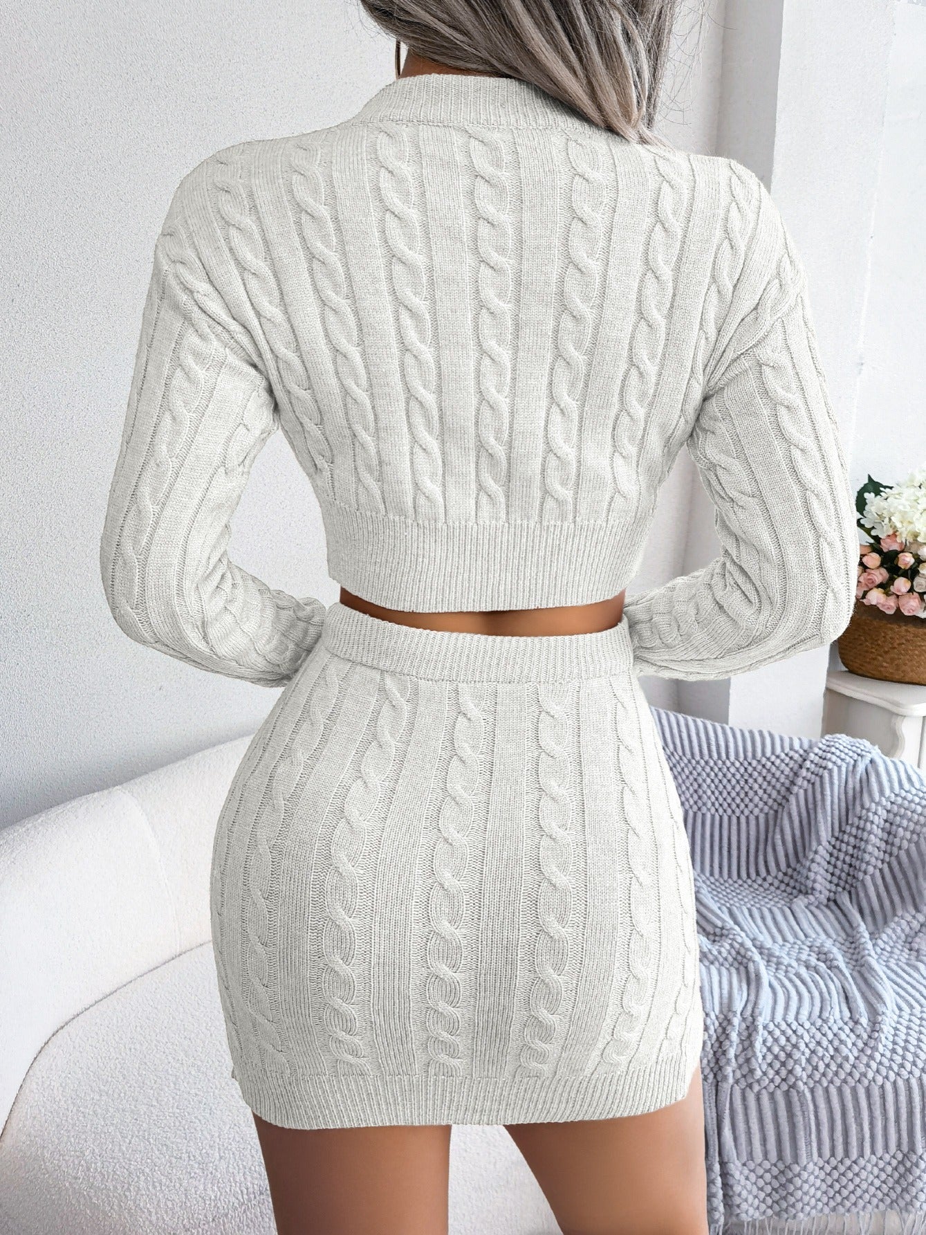 Autumn-Winter European and American Street Style Twist Crop Top Sweater and Hip-Wrapped Skirt Set