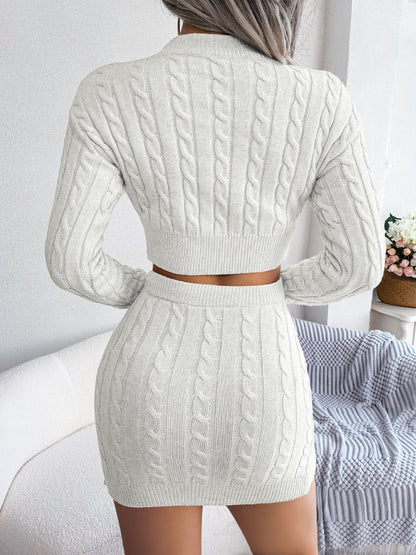 Autumn-Winter European and American Street Style Twist Crop Top Sweater and Hip-Wrapped Skirt Set