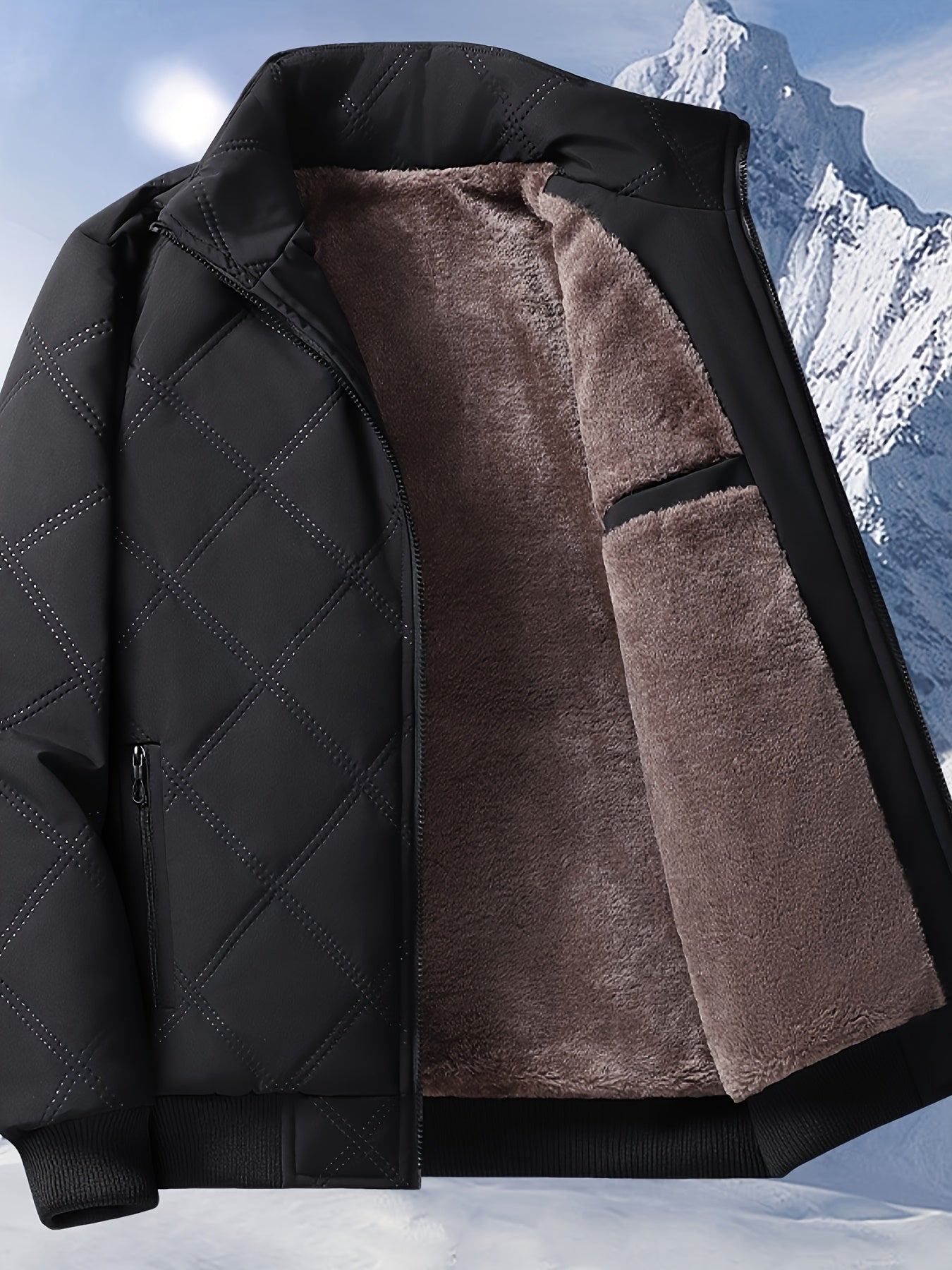 Men's Quilted Fleece Jacket with Stand Collar & Full-Zip Closure - Thick Winter Coat, Black/Brown & Warm Lining, Casual Outdoor Winter Wear for Skiing,, Cold Weather (Hand Wash/Dry Clean)