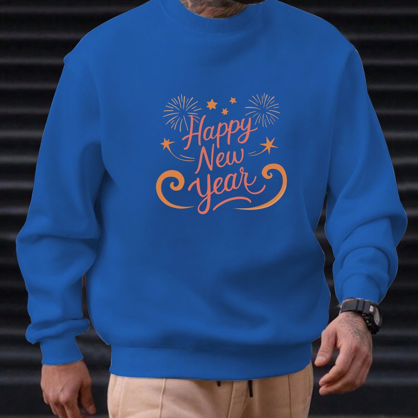 Men'S Happy New Year Sweatshirt - Light Grey with Orange Lettering - Regular Fit Crewneck Pullover for New Year'S Eve, NYE Parties & Casual Attire - Non-Permanent Celebration Sweater for Everyday & Special Occasions, New Year